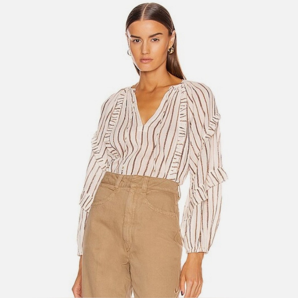 Ulla Johnson Cream and Brown Ruffle Blouse